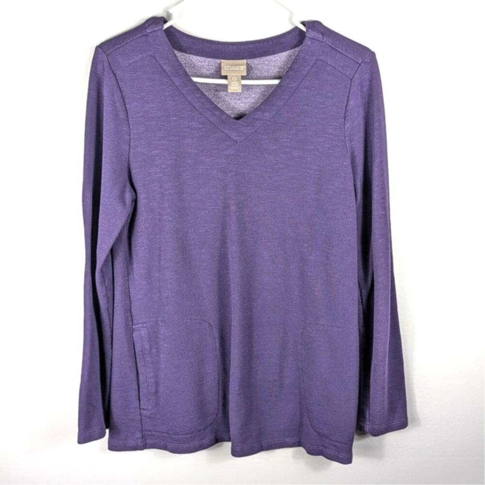 Chico’s 0 Purple V-Neck Long Sleeve Top Rayon Cotton Blend Soft Knit Shirt